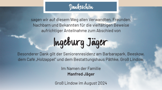 Traueranzeige von Ingeburg Jäger von Märkische Oderzeitung