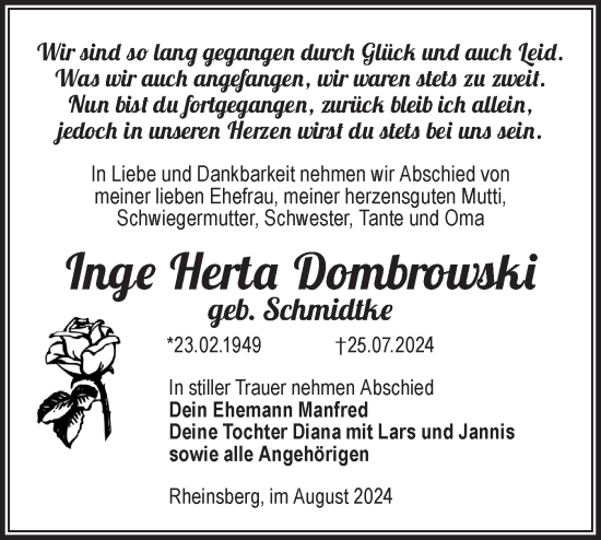 Traueranzeige von Inge Herta Dombrowski von Märkische Oderzeitung