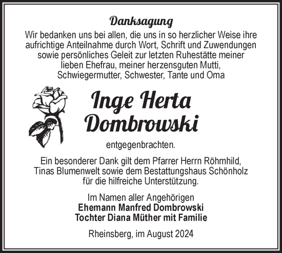 Traueranzeige von Inge Herta Dombrowski von Märkische Oderzeitung