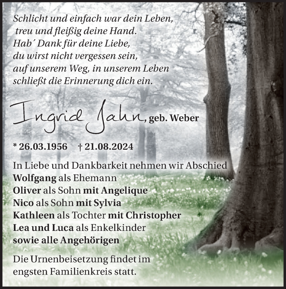  Traueranzeige für Ingrid Jahn vom 31.08.2024 aus Märkische Oderzeitung