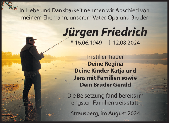 Traueranzeige von Jürgen Friedrich von Märkische Oderzeitung