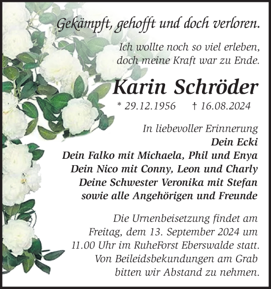 Traueranzeige von Karin Schröder von Märkische Oderzeitung