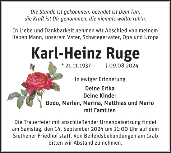 Traueranzeige von Karl-Heinz Ruge von Märkische Oderzeitung