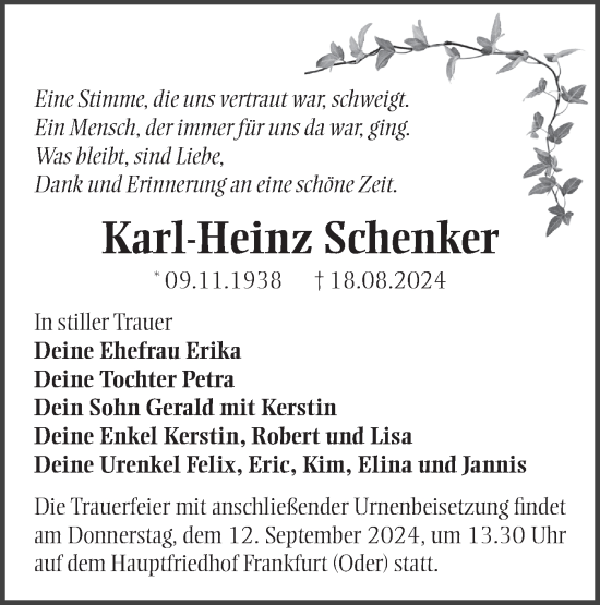 Traueranzeige von Karl-Heinz Schenker von Märkische Oderzeitung