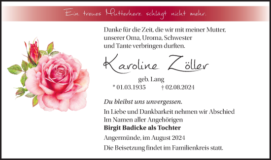 Traueranzeige von Karoline Zöller von Märkische Oderzeitung