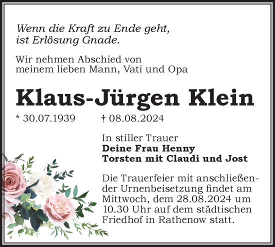 Traueranzeige von Klaus-Jürgen Klein von Märkische Oderzeitung