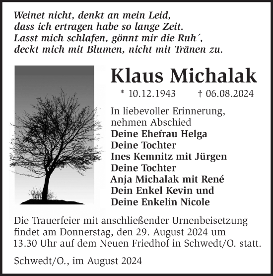 Traueranzeige von Klaus Michalak von Märkische Oderzeitung