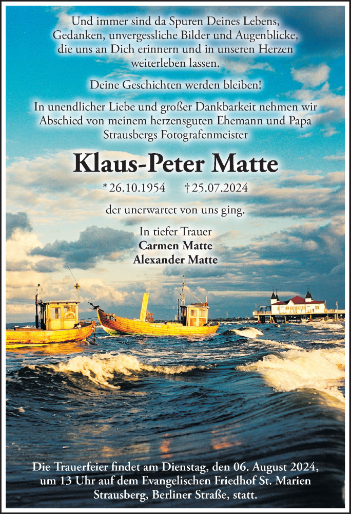  Traueranzeige für Klaus-Peter Matte vom 03.08.2024 aus Märkische Oderzeitung