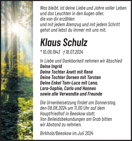 Traueranzeige von Klaus Schulz von Märkische Oderzeitung