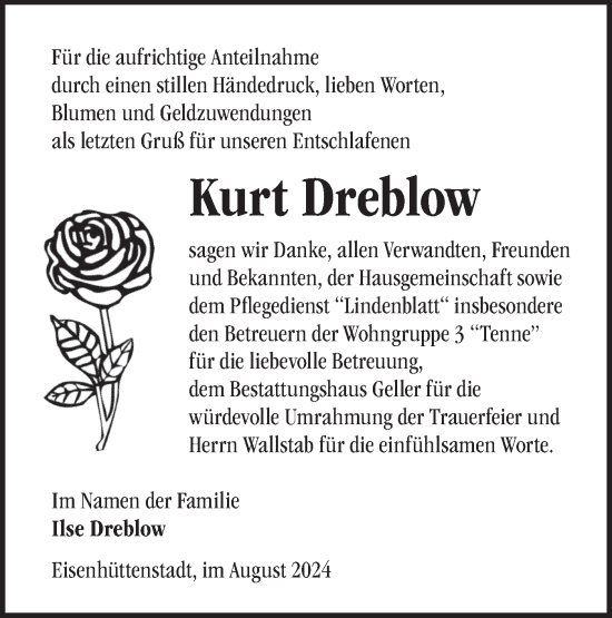 Traueranzeige von Kurt Dreblow von Märkische Oderzeitung