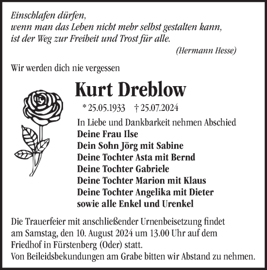 Traueranzeige von Kurt Dreblow von Märkische Oderzeitung