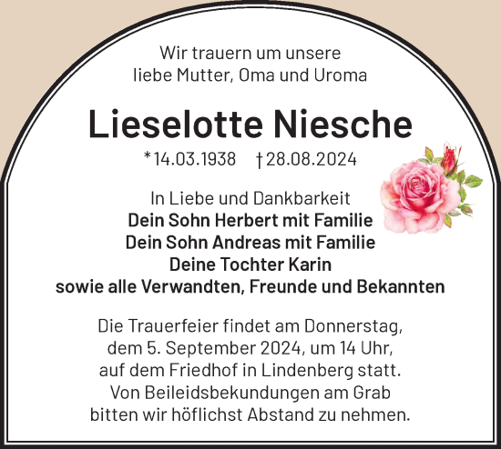 Traueranzeige von Lieselotte Niesche von Märkische Oderzeitung