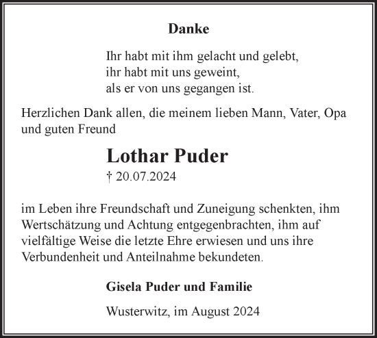 Traueranzeige von Lothar Puder von Märkische Oderzeitung