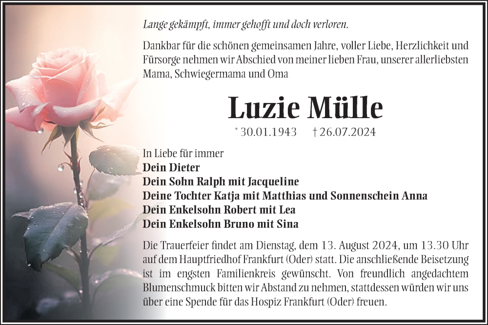  Traueranzeige für Luzie Mülle vom 03.08.2024 aus Märkische Oderzeitung