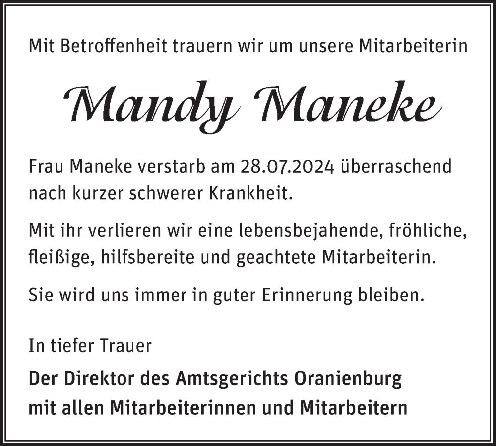  Traueranzeige für Mandy Maneke vom 03.08.2024 aus Märkische Oderzeitung