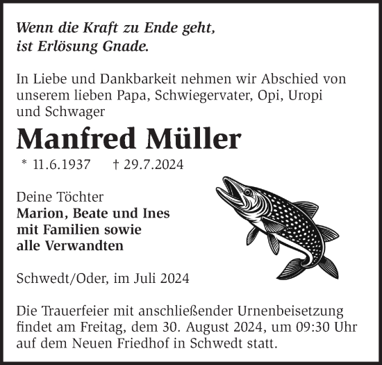 Traueranzeige von Manfred Müller von Märkische Oderzeitung