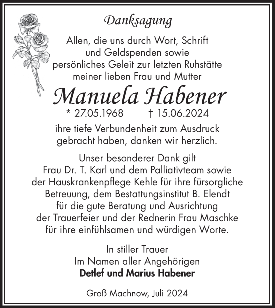 Traueranzeige von Manuela Habener von Märkische Oderzeitung