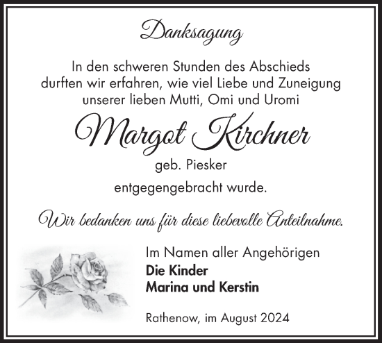 Traueranzeige von Margot Kirchner von Märkische Oderzeitung