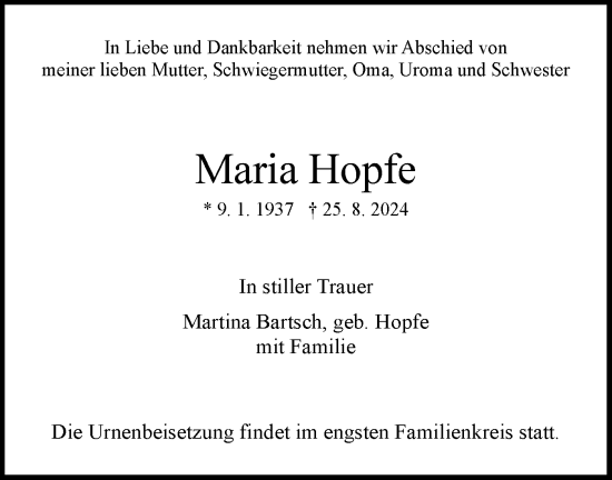 Traueranzeige von Maria Hopfe von Märkische Oderzeitung