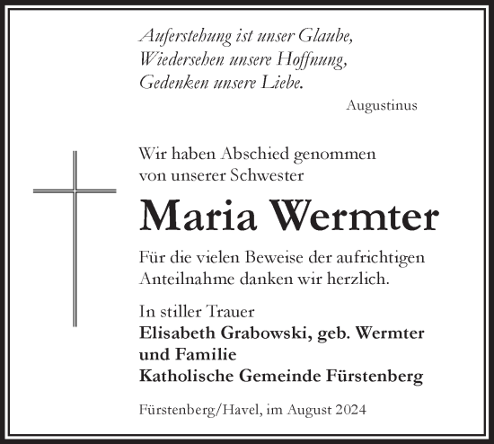 Traueranzeige von Maria Wermter von Märkische Oderzeitung