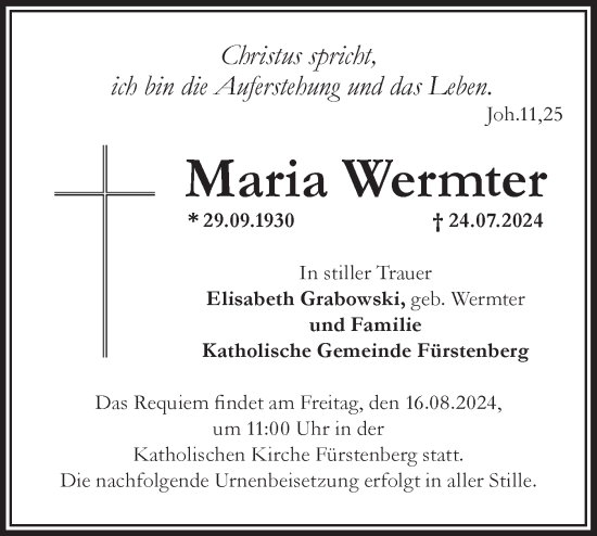 Traueranzeige von Maria Wermter von Märkische Oderzeitung