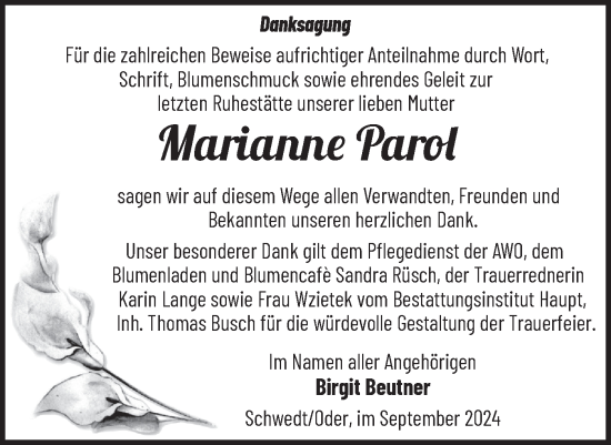 Traueranzeige von Marianne Parol von Märkische Oderzeitung