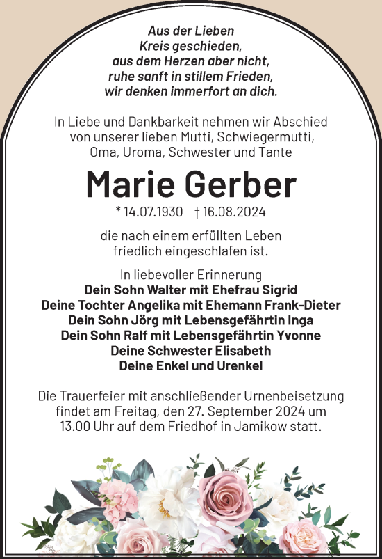 Traueranzeige von Marie Gerber von Märkische Oderzeitung