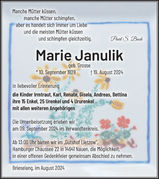 Traueranzeige von Marie Janulik von Märkische Oderzeitung