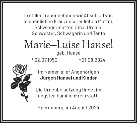 Traueranzeige von Marie-Luise Hansel von Märkische Oderzeitung