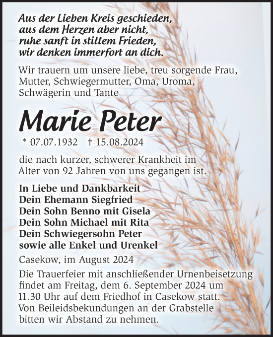 Traueranzeige von Marie Peter von Märkische Oderzeitung