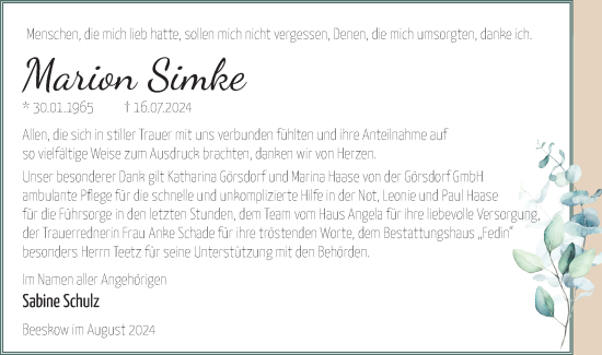 Traueranzeige von Marion Simke von Märkische Oderzeitung