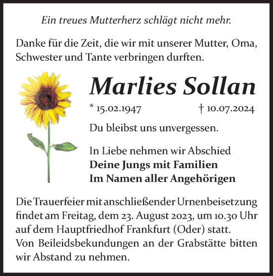 Traueranzeige von Marlies Sollan von Märkische Oderzeitung