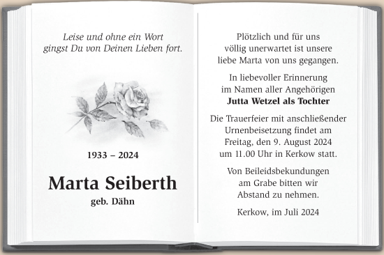 Traueranzeige von Marta Seiberth von Märkische Oderzeitung