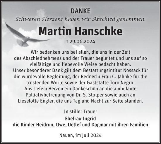 Traueranzeige von Martin Hanschke von Märkische Oderzeitung