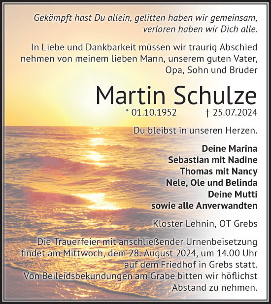 Traueranzeige von Martin Schulze von Märkische Oderzeitung