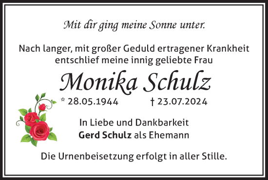 Traueranzeige von Monika Schulz von Märkische Oderzeitung