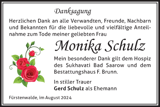 Traueranzeige von Monika Schulz von Märkische Oderzeitung