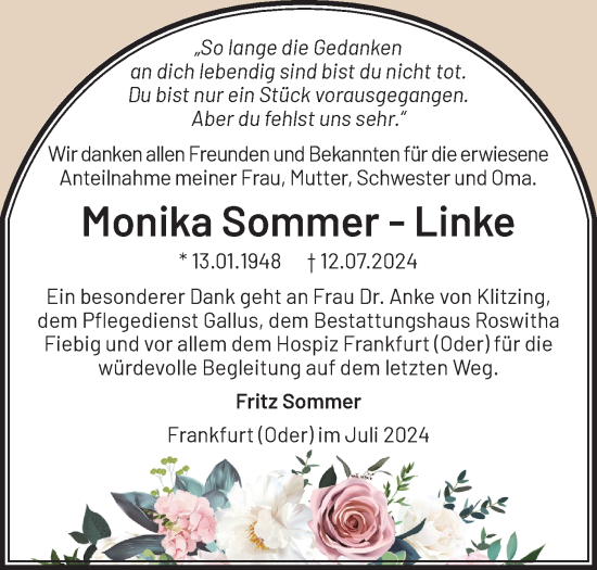 Traueranzeige von Monika Sommer-Linke von Märkische Oderzeitung