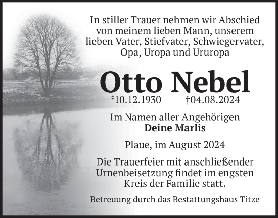 Traueranzeige von Otto Nebel von Märkische Oderzeitung