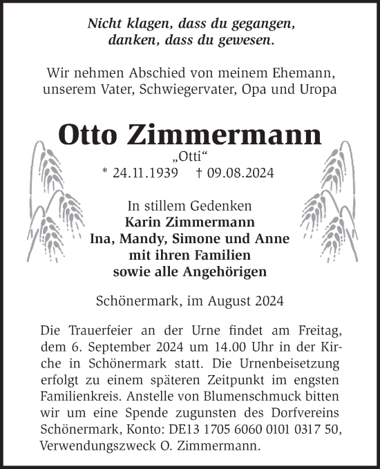 Traueranzeige von Otto Zimmermann von Märkische Oderzeitung