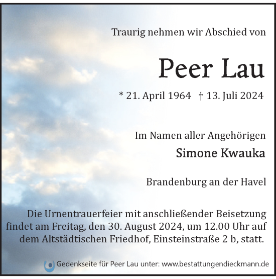 Traueranzeige von Peer Lau von Märkische Oderzeitung