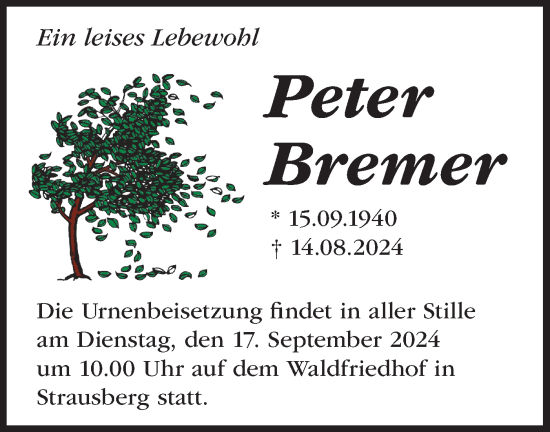 Traueranzeige von Peter Bremer von Märkische Oderzeitung