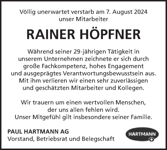 Traueranzeige von Rainer Höpfner von Märkische Oderzeitung