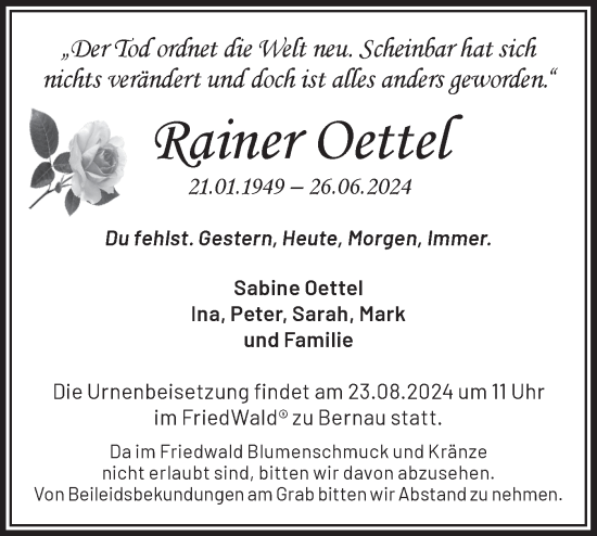 Traueranzeige von Rainer Oettel von Märkische Oderzeitung