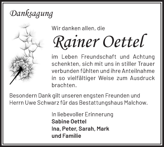 Traueranzeige von Rainer Oettel von Märkische Oderzeitung