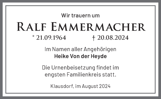 Traueranzeige von Ralf Emmermacher von Märkische Oderzeitung