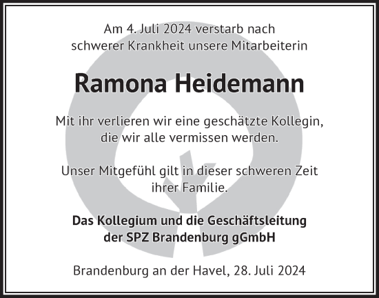 Traueranzeige von Ramona Heidemann von Märkische Oderzeitung