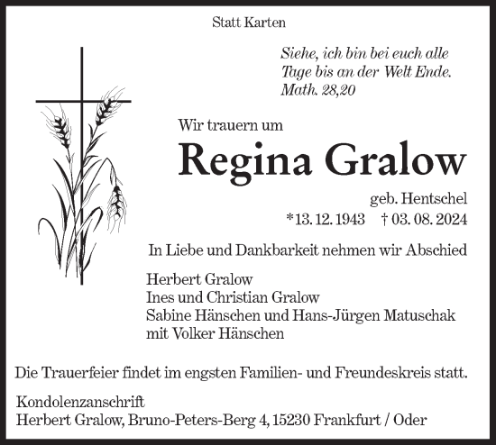 Traueranzeige von Regina Gralow von Märkische Oderzeitung