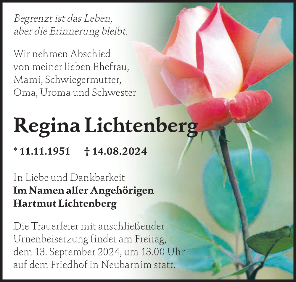  Traueranzeige für Regina Lichtenberg vom 24.08.2024 aus Märkische Oderzeitung