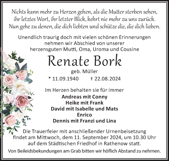 Traueranzeige von Renate Bork von Märkische Oderzeitung